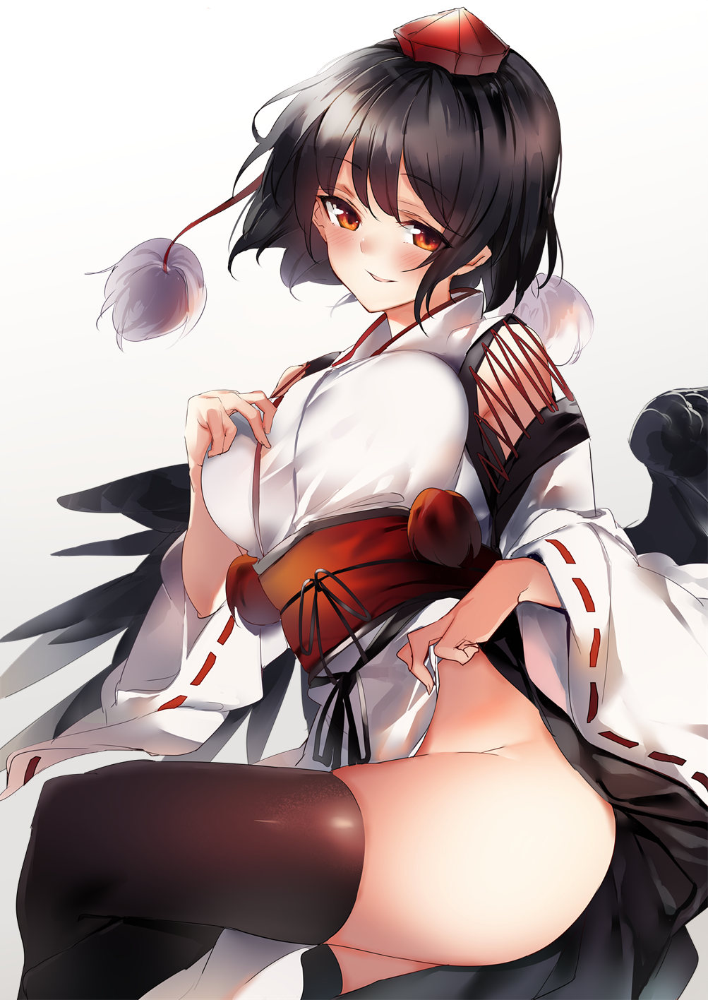 1girl bird_wings black_hair black_legwear black_wings blush breasts commentary_request cross-laced_clothes detached_sleeves dress dress_lift gradient gradient_background hand_on_own_chest hat head_tilt highres invisible_chair japanese_clothes ken_(coffee_michikusa) kourindou_tengu_costume large_breasts legs_crossed lifted_by_self long_sleeves looking_at_viewer no_panties obi parted_lips pom_pom_(clothes) red_eyes ribbon-trimmed_sleeves ribbon_trim sash shameimaru_aya short_hair side_slit simple_background sitting skindentation smile solo thighhighs thighs tokin_hat touhou white_background wide_sleeves wings