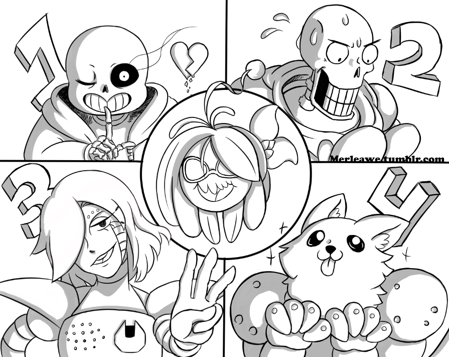 &lt;/3 :3 armor black_and_white bone canine clothing dog english_text eyewear female fish fur gloves group hair hair_over_eye lesser_dog machine male mammal marine merleawe mettaton monochrome monster one_eye_closed open_mouth papyrus_(undertale) robot sans_(undertale) shyren skeleton smile sunglasses sweat text tongue tongue_out undertale video_games