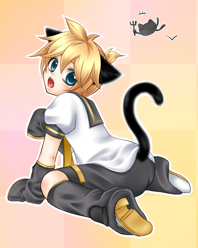 all_fours animal_ears aqua_eyes blonde_hair cat_ears cat_tail detached_sleeves kagamine_len male_focus open_mouth sacchon shorts solo tail vocaloid