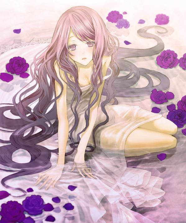 blush breasts cleavage dress flower long_hair machi555 medium_breasts original petals purple_eyes purple_hair sitting solo water