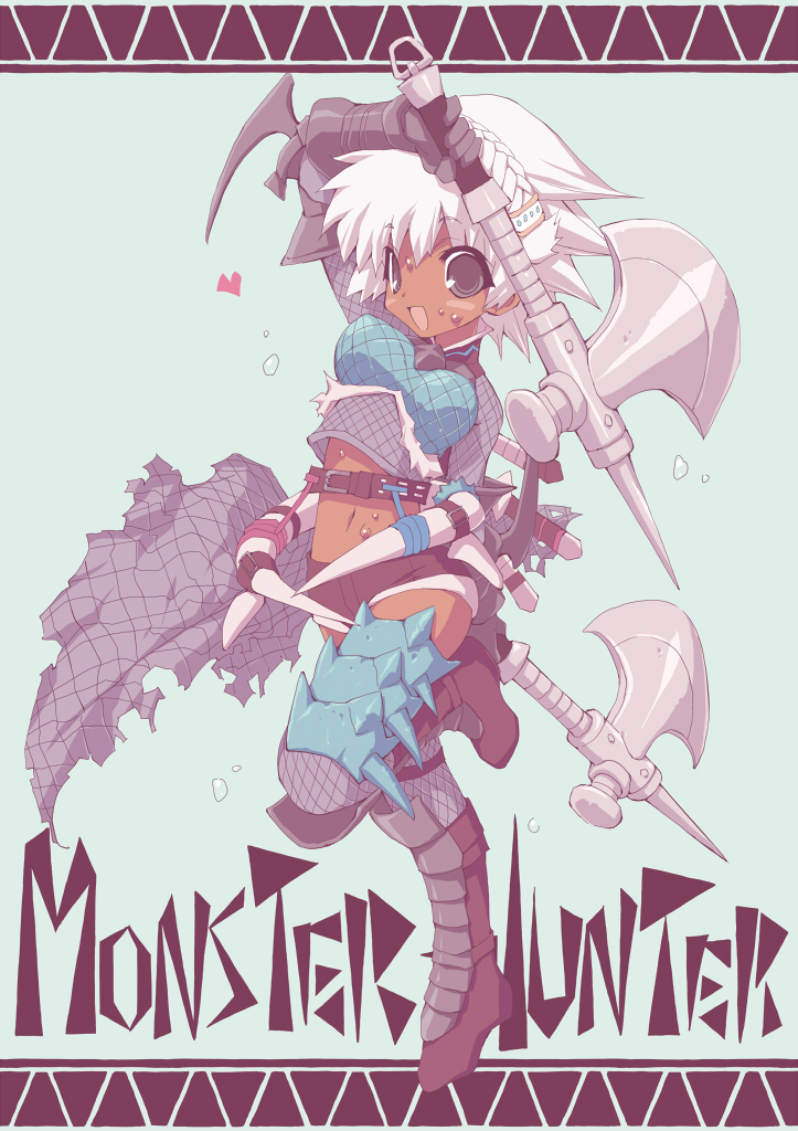 armor axe bad_id bad_pixiv_id belt blush boots braid breasts character_request dark_skin dual_wielding grey_eyes heart holding large_breasts midriff monster_hunter navel open_mouth short_hair shorts solo sweat weapon white_hair yusa_maruboro
