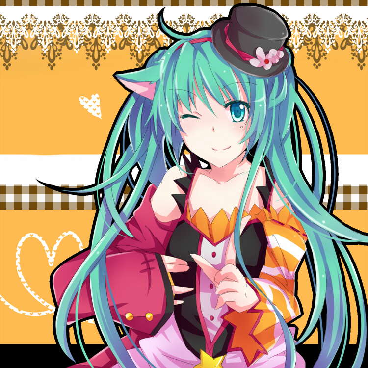 ahoge animal_ears aqua_eyes aqua_hair detached_sleeves hat hatsune_miku long_hair mini_hat mini_top_hat one_eye_closed sakuranchu smile solo top_hat twintails vocaloid