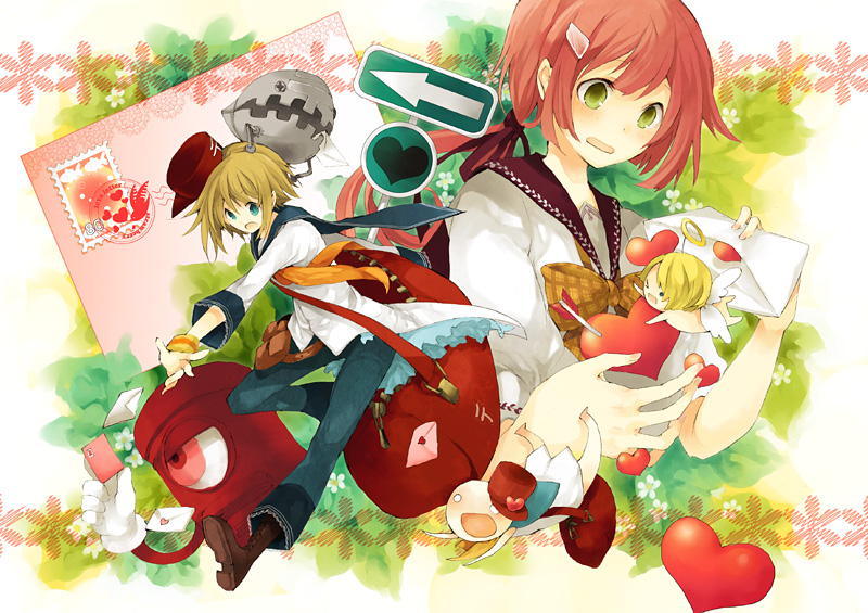 1girl angel bad_id bad_pixiv_id blonde_hair copyright_request green_eyes heart mail red_hair sabutarou