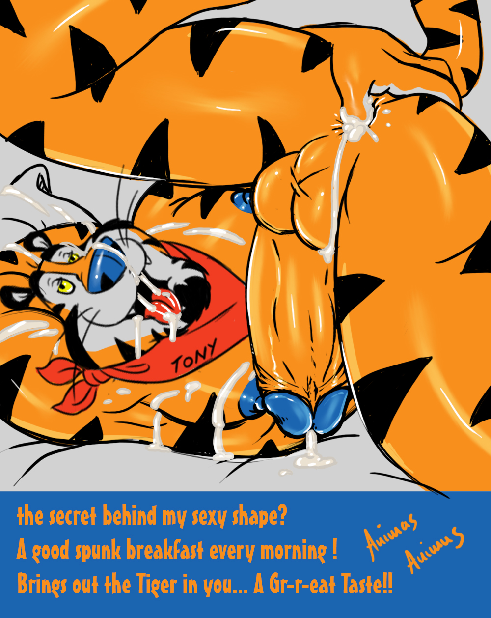 animasanimus anthro balls cum cum_in_ass cum_inside cum_on_face cum_taste erection feline looking_at_viewer looking_pleasured male mammal muscular nipples orange_penis penis scarf solo tiger tony_the_tiger yellow_eyes