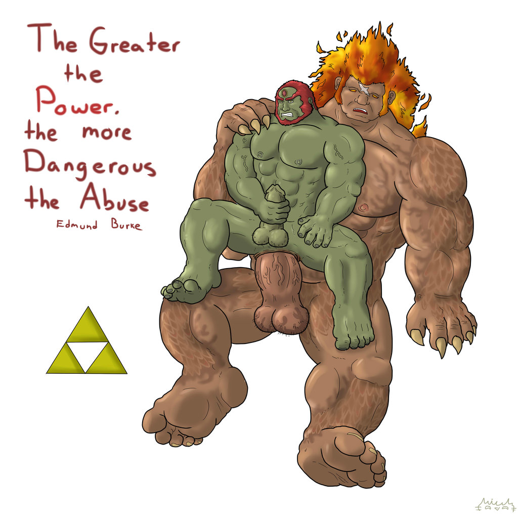 5_fingers abs anal balls biceps chair_position demise demon digital_media_(artwork) duo erection fire_hair from_behind ganondorf jmcstallion male male/male masturbation monster muscular nipples pecs penis quote sex size_difference triforce