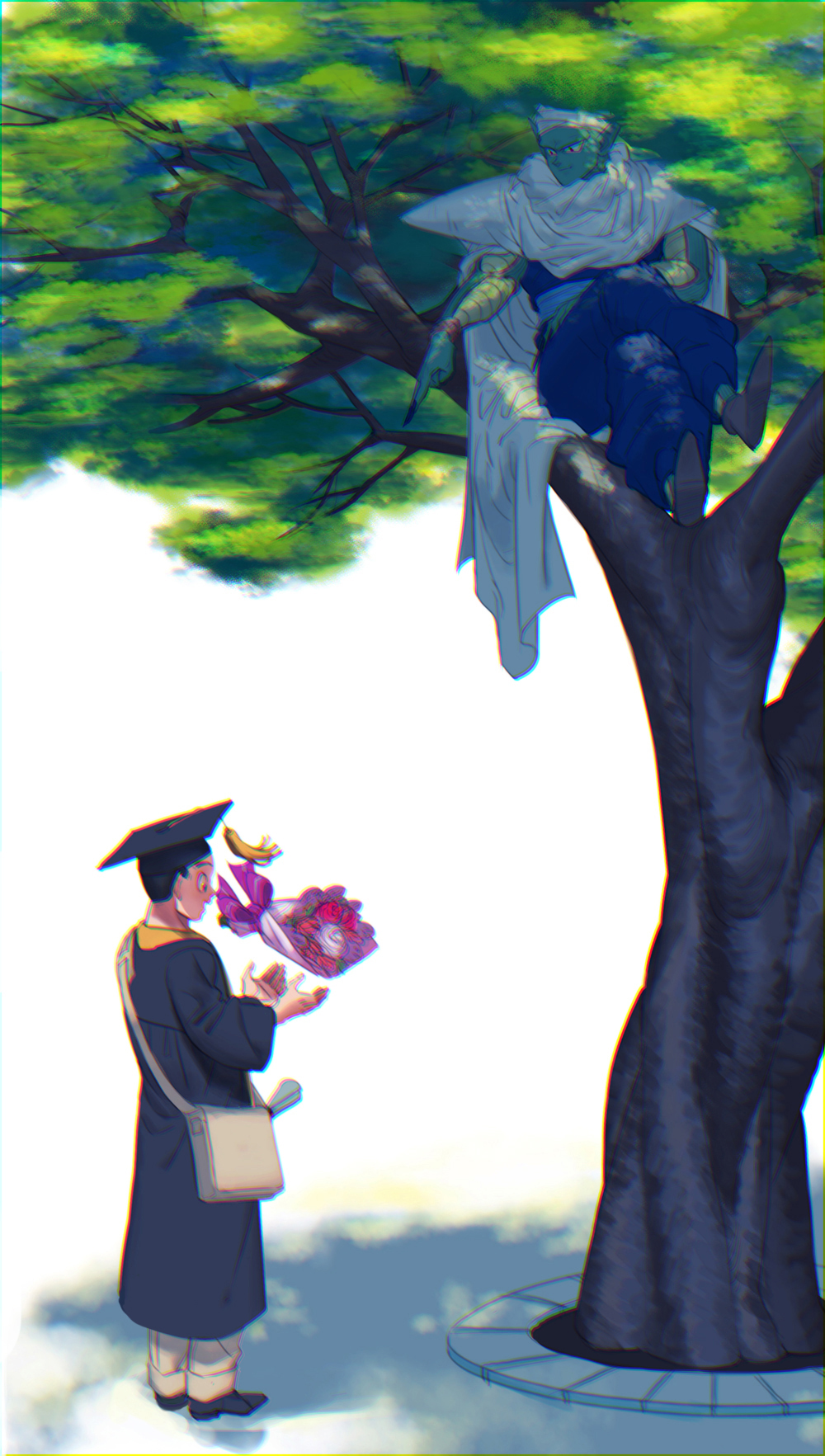 :d bag black_eyes bouquet cape crossed_legs dappled_sunlight diploma dragon_ball dragon_ball_z dress falling flower full_body gown graduation happy hat highres in_tree index_finger_raised looking_down male_focus mortarboard multiple_boys open_mouth outstretched_hand piccolo pink_flower pink_ribbon pink_rose pointy_ears profile ray.r ribbon rose simple_background sitting sitting_in_tree smile son_gohan standing sunlight tree tree_shade turban white_background