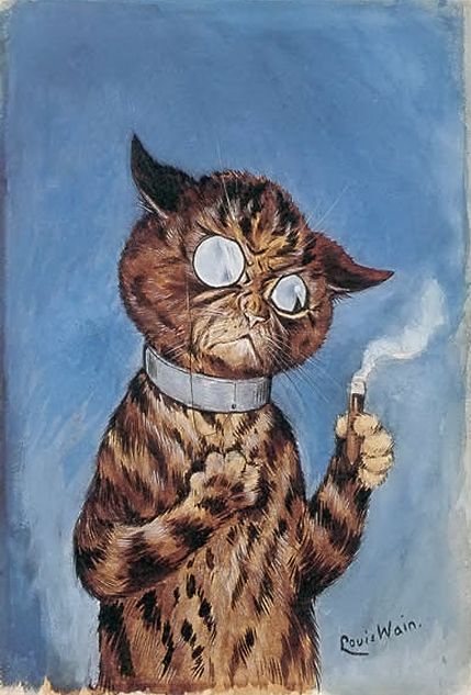 ambiguous_gender blind blue_background brown_fur cat cigar collar eyewear feline fur holding license_info louis_wain low_res mammal monocle nude public_domain semi-anthro simple_background smoke solo traditional_media_(artwork) whiskers