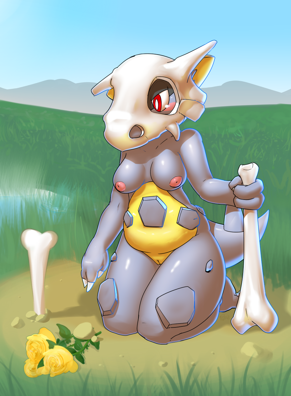 2015 anthro bone breasts cubone elpatrixf female flower grave inverted_nipples kangaskhan mega_evolution mega_kangaskhan nintendo nipples nude plant pok&eacute;mon pok&eacute;morph pussy red_eyes rose solo video_games white_sclera yellow_rose