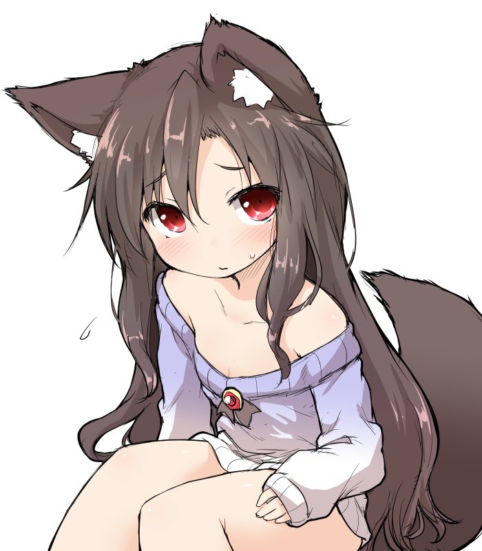 alternate_costume animal_ears bare_legs bare_shoulders blue_sweater blush brooch brown_hair commentary flying_sweatdrops imaizumi_kagerou jewelry long_hair long_sleeves looking_at_viewer natsu_no_koucha red_eyes simple_background sitting sketch solo sweatdrop sweater tail touhou white_background wolf_ears wolf_tail