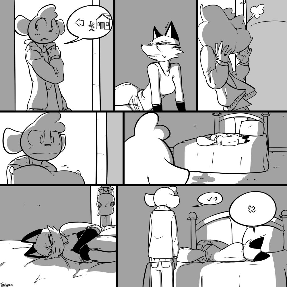 &gt;:[ angry bed canine caprine clothing comic dialogue female fox frown greyscale male mammal monochrome pictographics pillow sheep slypon speech_bubble