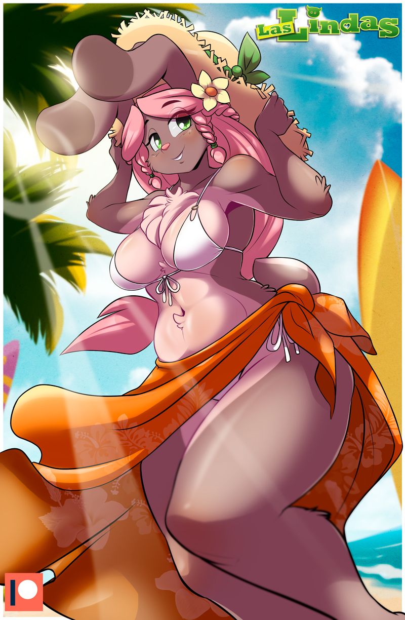anthro beach bikini biped braided_hair breasts chalo chest_tuft cleavage clothed clothing detailed_background eyebrows eyelashes female flower flower_in_hair fur green_eyes grey_ears grey_fur hair hat lagomorph las_lindas lighting long_ears long_hair low-angle_view mammal multicolored_fur navel palm_tree patreon pink_hair pink_nose plant portrait rabbit seaside short_tail skimpy smile solo standing sunhat surfboard swimsuit taffy_(las_lindas) teeth text three-quarter_portrait tree tuft two_tone_ears two_tone_fur two_tone_tail water wide_hips