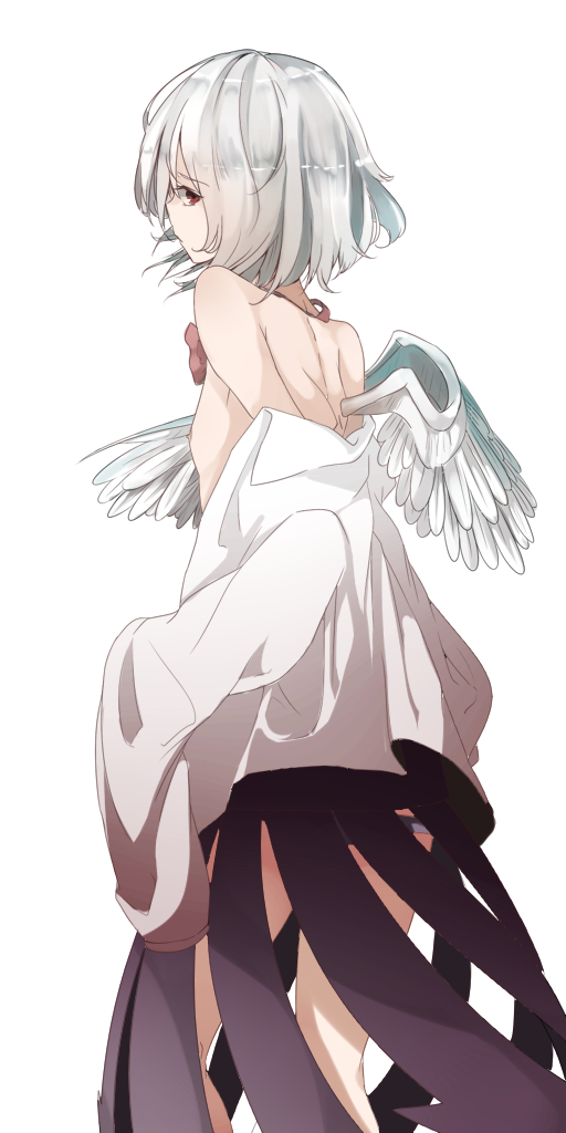 back bad_id bad_pixiv_id breasts dress flat_chest from_behind kishin_sagume long_sleeves looking_at_viewer nipples off_shoulder ogami_ren open_clothes open_vest purple_dress red_eyes short_hair silver_hair simple_background single_wing solo touhou vest white_background wings