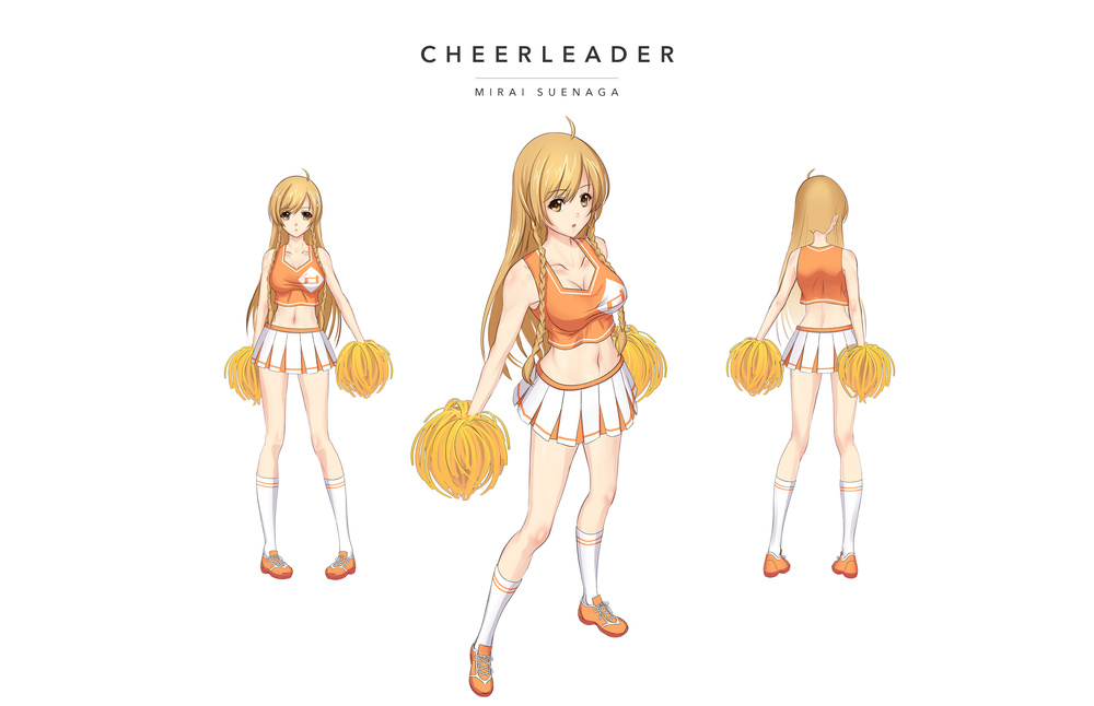 :o bare_shoulders blonde_hair breasts brown_eyes cheerleader cleavage crop_top crop_top_overhang culture_japan long_hair medium_breasts midriff multiple_views navel pleated_skirt pom_poms shirt shoes simple_background skirt sleeveless suenaga_mirai taut_clothes taut_shirt turnaround white_background