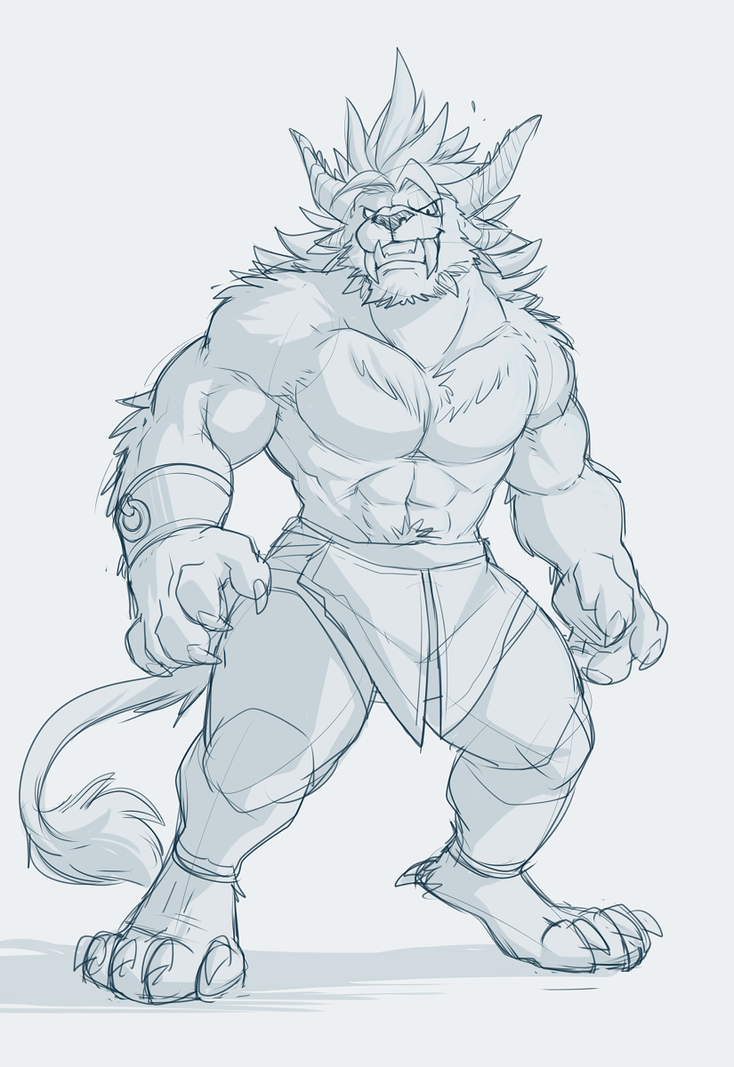 abs biceps big_muscle body_hair clothed clothing feline fluffy grin half-dressed happy_trail horn looking_at_viewer male mammal muscular muscular_male pecs smile standing takemoto_arashi topless