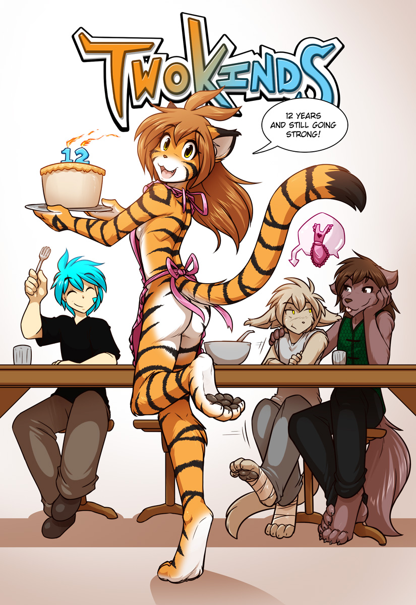 abstract_background apron basitin cake canine clothed clothing feline flora_(twokinds) food fork human keith_keiser mammal natani skimpy table tiger tom_fischbach trace_legacy twokinds wolf