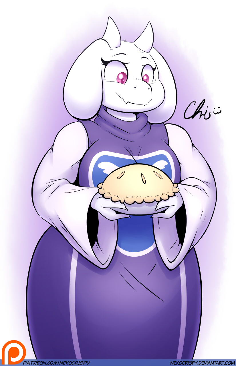2015 anthro caprine clothed clothing crispychris female food goat holding horn long_ears mammal monster patreon pie smile solo toriel undertale video_games