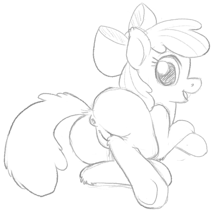 2015 anus apple_bloom_(mlp) butt cub earth_pony equine female feral friendship_is_magic horse looking_at_viewer mammal monochrome my_little_pony open_mouth pepperoach pony pussy simple_background smile solo white_background young