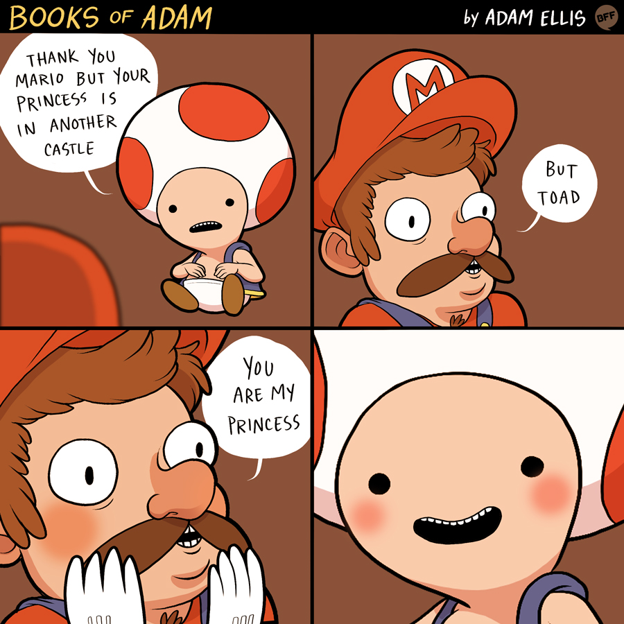 2015 adam_ellis blush body_hair chest_hair comic dialogue duo english_text facial_hair happy hat human humanoid male male/male mammal mario mario_bros mustache nintendo not_furry open_mouth smile stated_homosexuality text toad_(mario) video_games wide_eyed