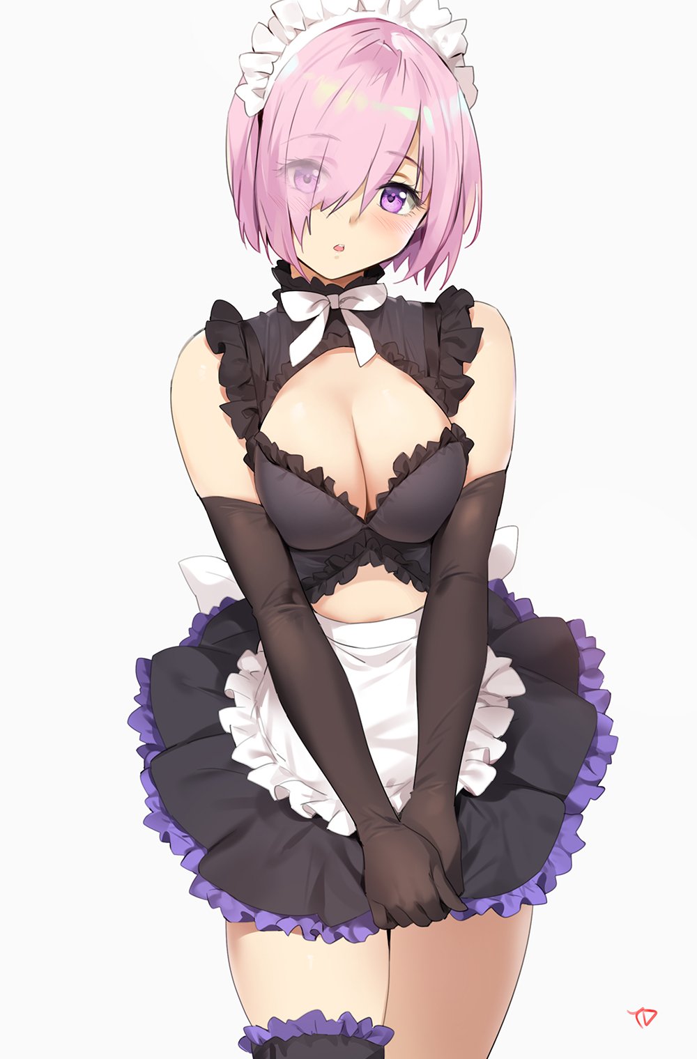1girl alternate_costume apron bare_shoulders black_dress black_gloves blush breasts cleavage dress elbow_gloves enmaided eyes_visible_through_hair fate/grand_order fate_(series) frills gloves hair_over_one_eye highres large_breasts lavender_hair leg_garter looking_at_viewer maid maid_apron maid_headdress mash_kyrielight neck_ribbon open_mouth parted_lips purple_eyes ribbon short_hair simple_background solo thighs waist_apron white_background white_ribbon yang-do