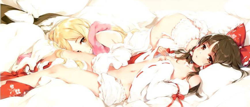 2girls arm_ribbon ass bangs bare_shoulders black_hair black_hat blonde_hair bloomers bloomers_pull blush bow breasts brown_eyes collarbone detached_sleeves eyebrows_visible_through_hair feet_out_of_frame floral_print frilled_bow frills gloves hair_bow hair_tubes hakurei_reimu hands_on_own_chest hat hat_bow hat_removed headwear_removed hidden_star_in_four_seasons ke-ta kirisame_marisa long_sleeves looking_at_viewer lying multiple_girls navel nipples off_shoulder on_back on_stomach parted_lips pillow pink_gloves pink_scarf red_bow red_ribbon red_skirt ribbon ribbon-trimmed_sleeves ribbon_trim scan scarf shirt sidelocks single_glove skirt skirt_removed small_breasts smile snowflake_print stitched stomach thighs third-party_edit topless touhou underwear white_bloomers white_bow white_shirt wide_sleeves witch_hat