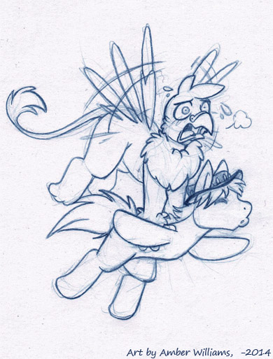 2014 amber_williams avian beak duo earth_pony equine feral friendship_is_magic gryphon hat horse male mammal my_little_pony pony simple_background sketch traditional_media_(artwork) white_background wings