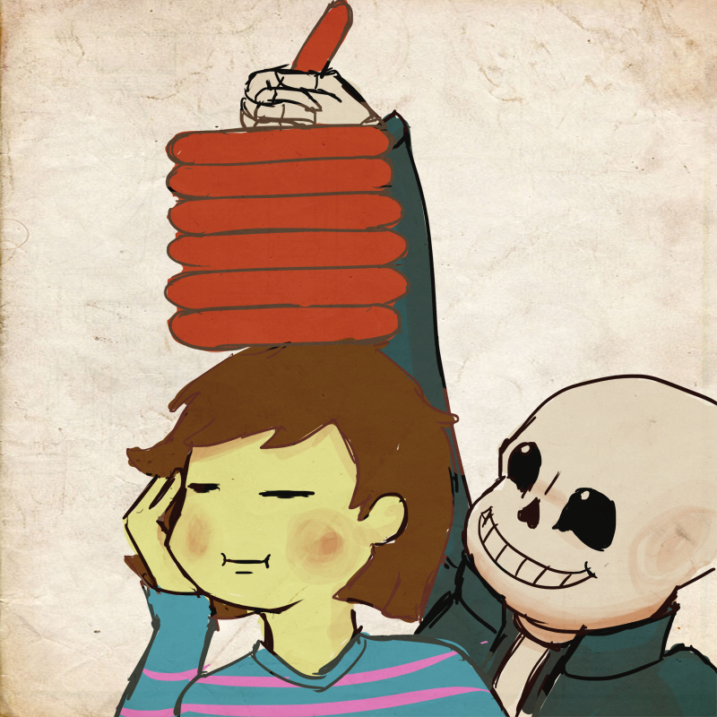 ambiguous_gender bone brown_hair clothing duo eyes_closed food hair hot_dog human humor jacket mammal meme prank protagonist_(undertale) sans_(undertale) skeleton smile testso undertale video_games