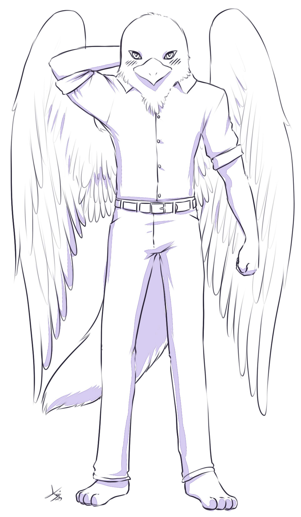 anthro aogami avian barefoot belt bird blush canine clothed clothing feathers front_view gryphon hybrid male mammal osprey pants paws percy shy solo teenager vest wings wolf young zeetyphlosion