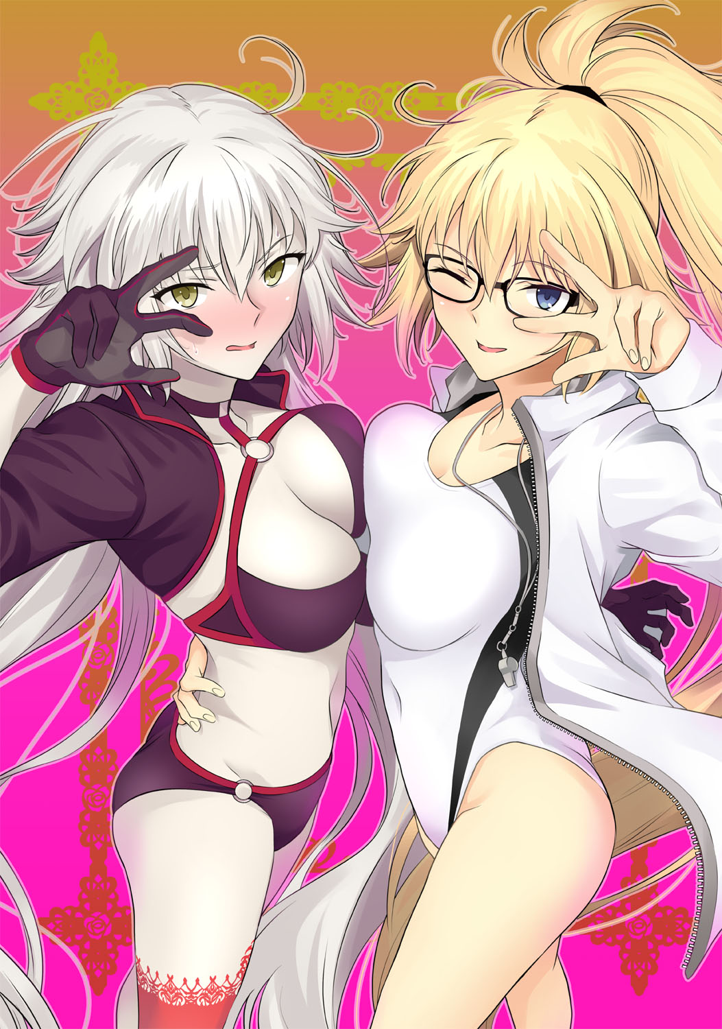 ahoge bangs bikini black-framed_eyewear black_bikini black_jacket blonde_hair blush breast_press breasts choker collarbone commentary_request competition_swimsuit covered_navel cropped_jacket fate/grand_order fate_(series) full-face_blush glasses hair_between_eyes hand_gesture highres hips jacket jeanne_d'arc_(alter_swimsuit_berserker) jeanne_d'arc_(fate)_(all) jeanne_d'arc_(swimsuit_archer) large_breasts long_hair long_sleeves looking_at_viewer multiple_girls navel o-ring o-ring_bikini one-piece_swimsuit one_eye_closed open_clothes open_jacket open_mouth pale_skin ponytail red_legwear shrug_(clothing) silver_hair single_thighhigh smile swimsuit symmetrical_docking thighhighs thighs very_long_hair w whistle whistle_around_neck white_jacket white_swimsuit yellow_eyes yoshiki360