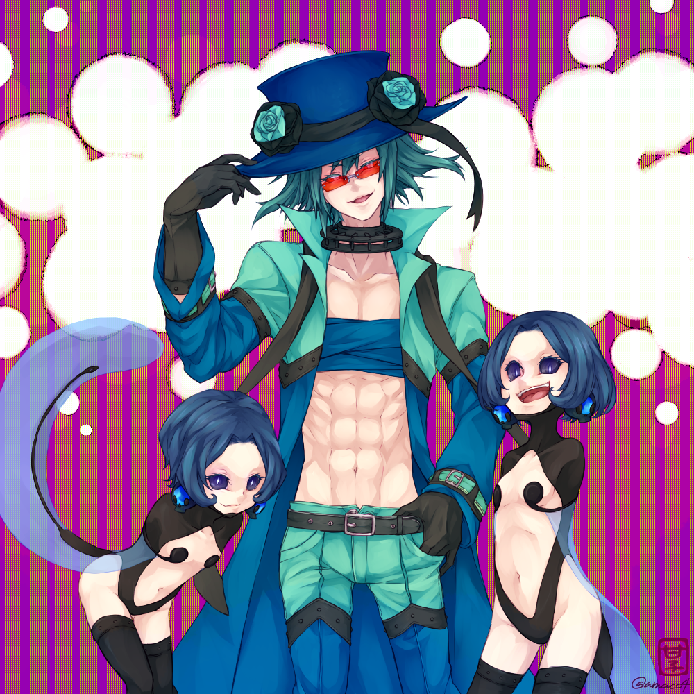 2girls abs amaco4 armless belt black_gloves black_legwear blue_cape blue_eyes blue_hair blue_hat bow breasts cape collar earrings flower gen_5_pokemon gloves hand_in_pocket hands_on_headwear hat hat_bow hat_flower jewelry leaning_forward looking_at_viewer midriff multiple_girls navel no_arms open_mouth personification pokemon red-tinted_eyewear seismitoad small_breasts sunglasses thighhighs top_hat tympole watermark