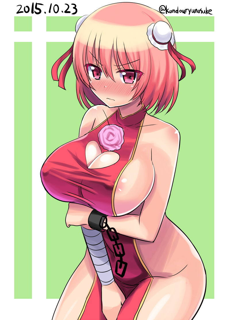 &gt;:( 2015 areolae artist_name bandages bare_shoulders between_legs blush body_blush breast_hold breasts chain cleavage_cutout covered_nipples cowboy_shot cuffs dated embarrassed error flower frown hand_between_legs hips ibaraki_kasen kondou_ryunosuke large_breasts looking_away naked_tabard pink_eyes pink_hair shackles short_hair sideboob solo tabard thighs touhou tsurime twitter_username v-shaped_eyebrows wavy_mouth