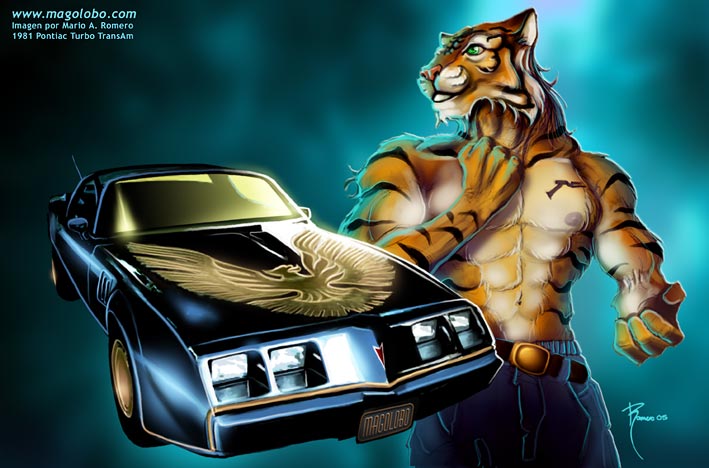 abs anthro bare_chest belt biceps big_muscles blue_background car clothed clothing colored digital_media_(artwork) feline front_view fur half-dressed hunk jeans magolobo male mammal manly muscular muscular_male orange_fur partially_clothed pecs pontiac pose simple_background solo standing tallyhawk tiger topless triceps vehicle
