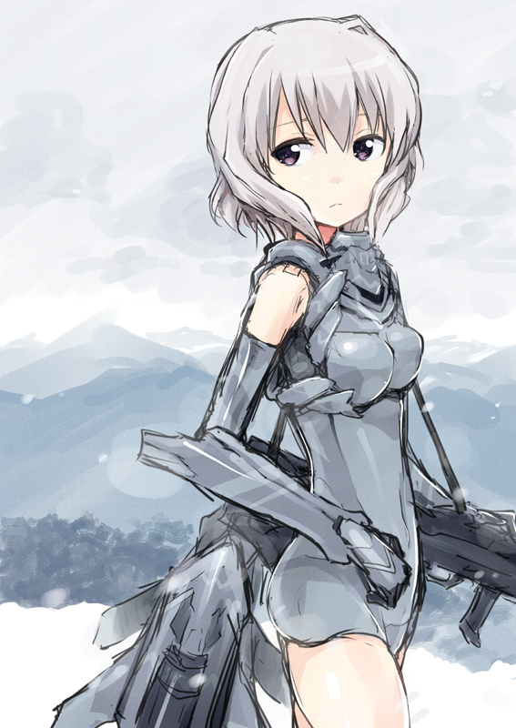 bangs bare_shoulders breastplate breasts busou_shinki cloud cowboy_shot day doll_joints elbow_gloves expressionless from_side frown gauntlets gloves gun kanna_ryouto leotard looking_to_the_side mecha_musume mountain original outdoors purple_eyes rifle short_hair sketch sky small_breasts snow solo weapon white_hair