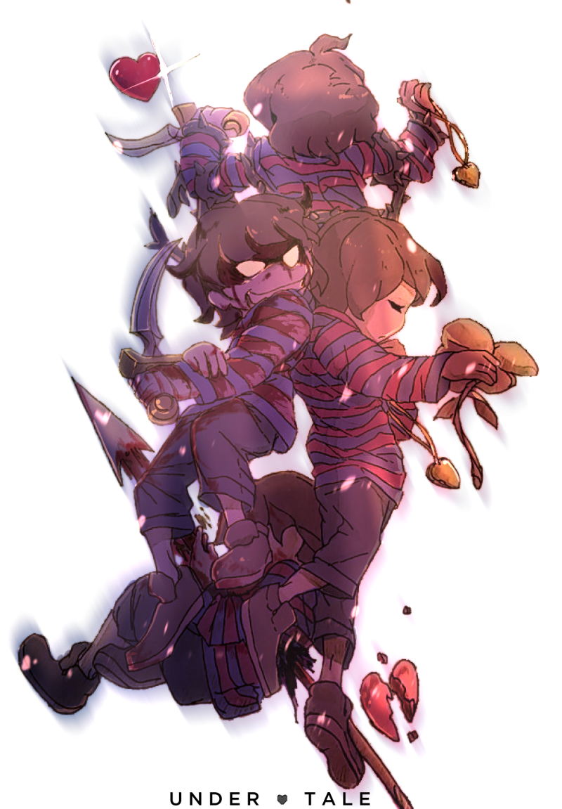 androgynous blank_eyes blood brown_hair chara_(undertale) copyright_name dagger dark_persona empty_eyes evil_smile flower frisk_(undertale) grin heart heart_necklace holding holding_weapon impaled jewelry leai_leao_burgess_jr locket long_sleeves multiple_others multiple_persona necklace pendant polearm shaded_face shirt simple_background smile sparkle spear spoilers striped striped_shirt striped_sweater sweater thorns undertale weapon white_background