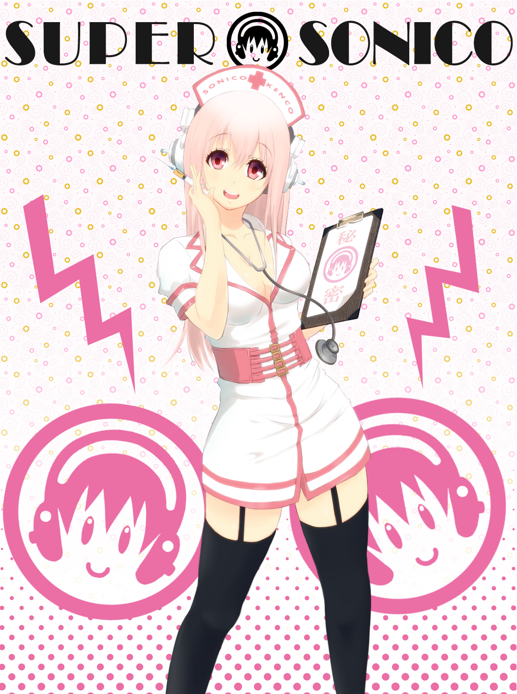 blush breasts cleavage clipboard hat headphones highres large_breasts long_hair looking_at_viewer mokkei nitroplus nurse nurse_cap open_mouth pink_hair red_eyes smile solo stethoscope super_sonico syringe thighhighs