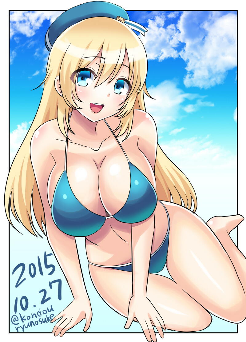 :d artist_name atago_(kantai_collection) bare_arms bare_legs beret bikini blonde_hair blue_bikini blue_eyes blue_sky border breasts cleavage cloud collarbone dated day full_body hair_between_eyes hanging_breasts hat kantai_collection kondou_ryunosuke large_breasts long_hair looking_at_viewer open_mouth outdoors sky smile solo swimsuit thigh_gap twitter_username white_border