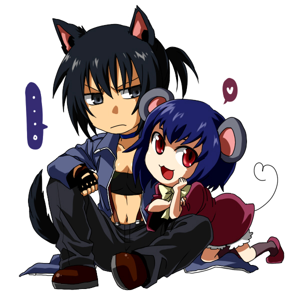 428 alphard animal_ears bandeau black_hair blue_hair canaan chibi dress fingerless_gloves gloves heart liang_qi midriff mouse_ears mouse_tail multiple_girls navel open_mouth ponytail red_eyes rex_k short_hair smile suspenders tail