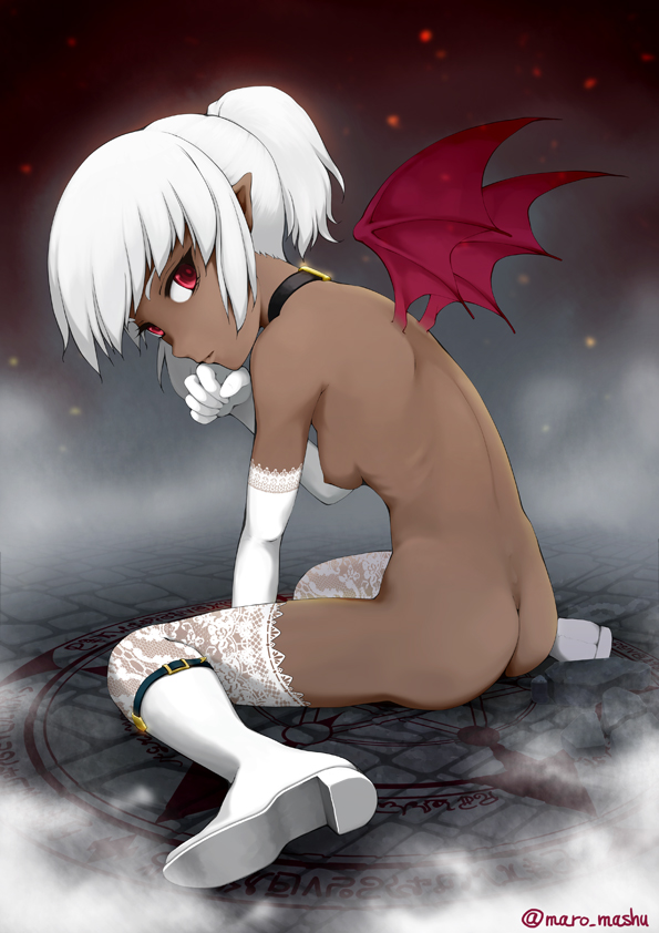 ass boots breasts choker dark_skin demon_wings elbow_gloves gloves knee_boots marotang nipples nude original pointy_ears ponytail sitting small_breasts solo thighhighs twitter_username wariza white_hair wings