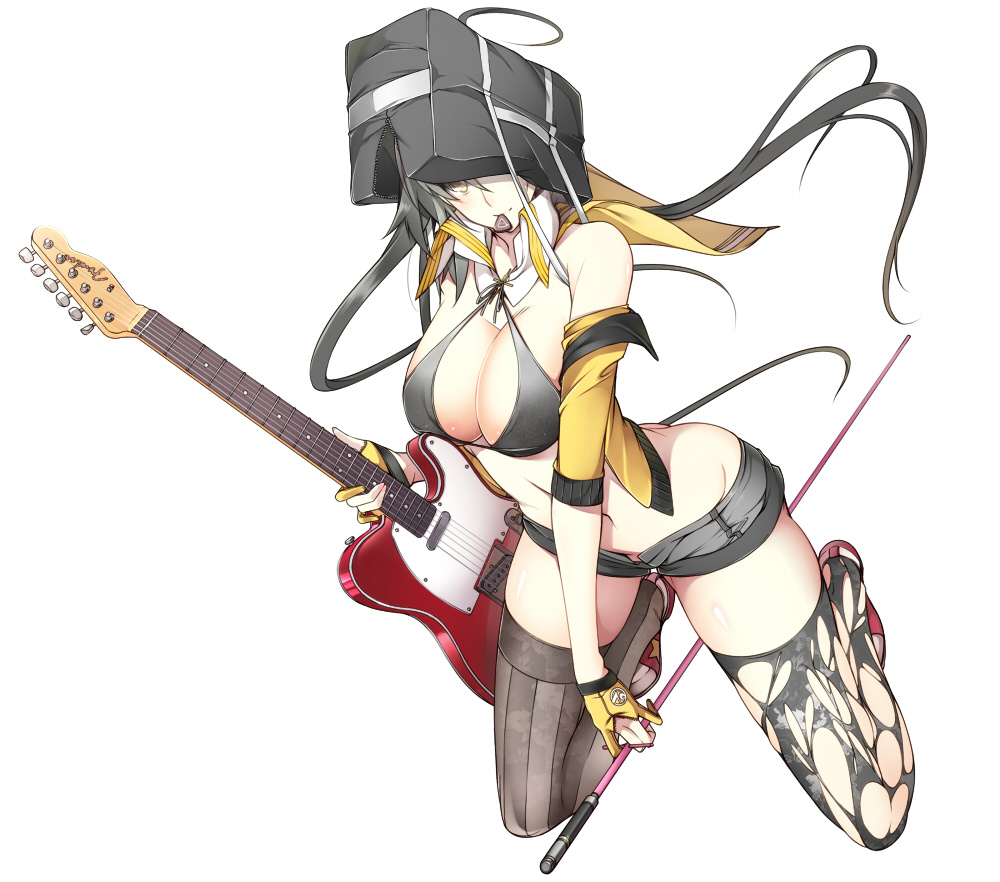 ahoge bag_on_head bare_shoulders bikini_top biting black_legwear breasts capelet character_request cleavage commentary_request copyright_request fender fingerless_gloves gloves grey_hair guitar instrument jacket large_breasts long_hair looking_at_viewer nanao_(mahaya) navel plectrum short_shorts shorts smile solo telecaster thighhighs torn_clothes torn_legwear white_background yellow_eyes