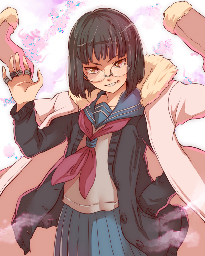 amazake_(c_kashi1010) black_hair blue_skirt boots brown_eyes cardigan coat destro_246 glasses grin ichigo_manryou jewelry pleated_skirt ring school_uniform serafuku short_hair skirt smile solo undressing