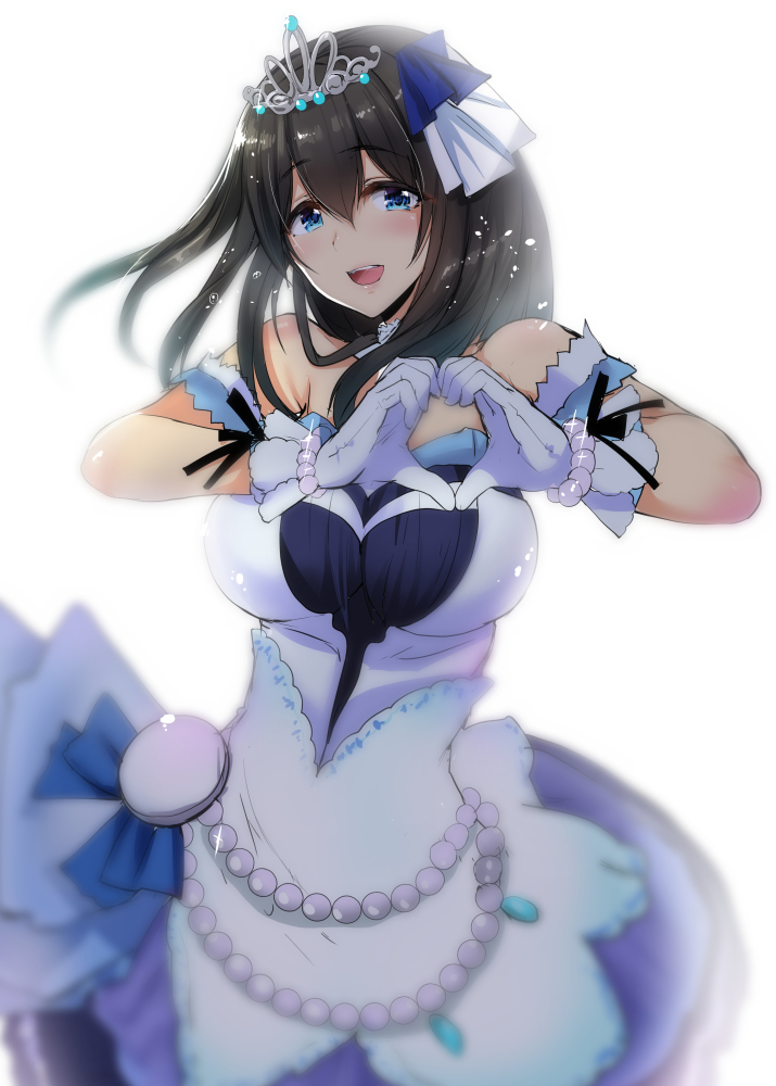 bead_bracelet beads black_hair blue_eyes blurry blush bracelet breasts depth_of_field dress gloves hairband heart heart_hands idolmaster idolmaster_cinderella_girls idolmaster_cinderella_girls_starlight_stage jewelry large_breasts long_hair looking_at_viewer nohito open_mouth sagisawa_fumika simple_background smile solo starry_sky_bright tiara white_background
