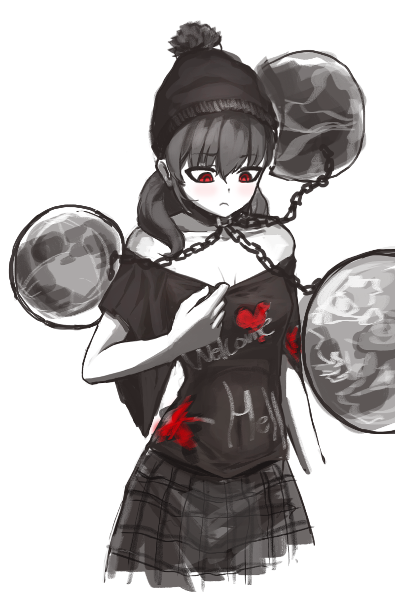 bad_id bad_pixiv_id bare_shoulders blush breasts chain cleavage clothes_writing collar covered_navel ears earth_(ornament) embarrassed hecatia_lapislazuli highres hijiwryyyyy long_hair looking_down monochrome moon_(ornament) off-shoulder_shirt red_hair shirt shirt_pull short_sleeves simple_background skirt skull_cap small_breasts solo spot_color touhou white_background