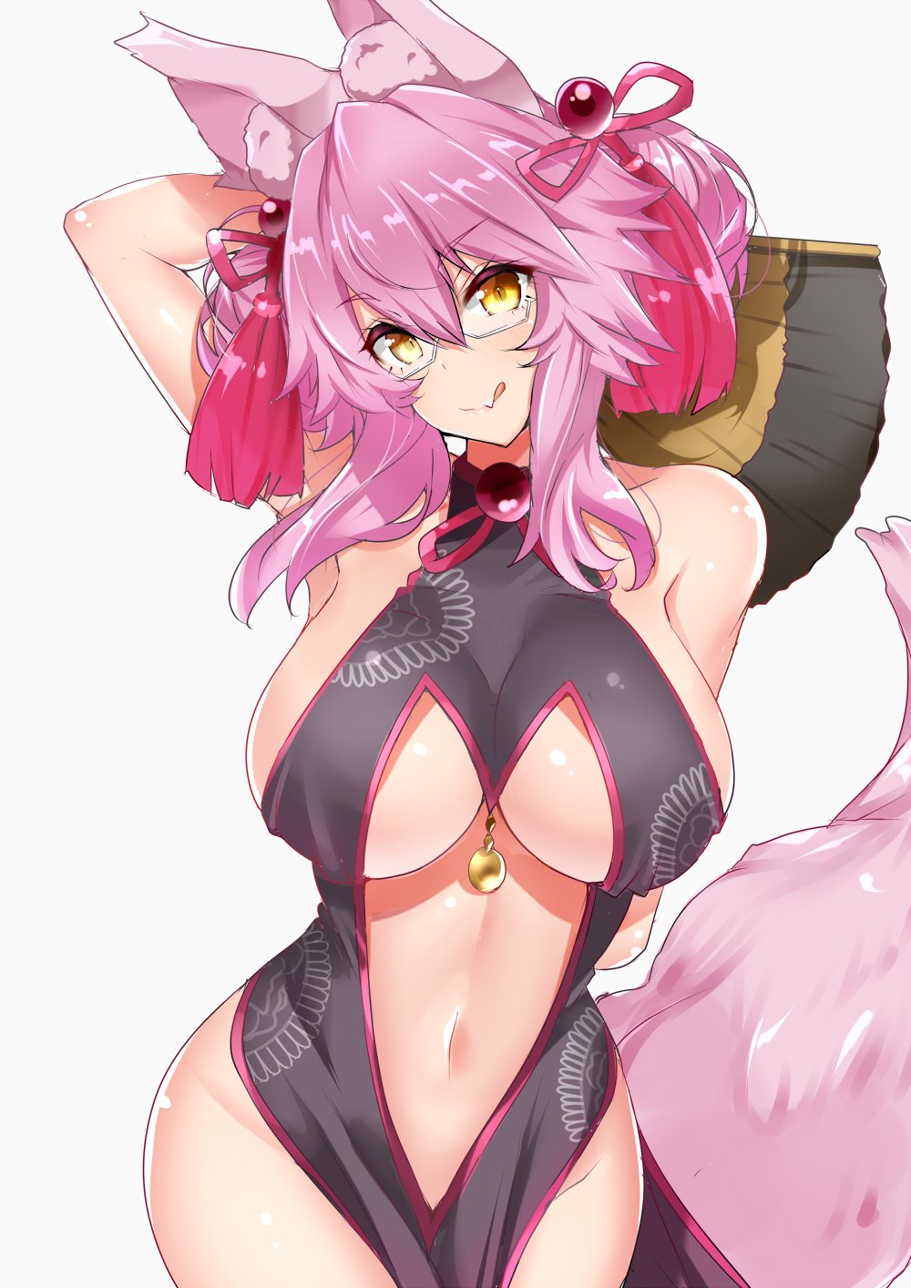 1girl animal_ear_fluff animal_ears arm_behind_head bangs bare_shoulders bell black_dress blush breasts center_opening china_dress chinese_clothes closed_mouth dress fan fang fate/grand_order fate_(series) folding_fan fox_ears fox_girl fox_tail glasses gloves hair_between_eyes highres hips jingle_bell koyanskaya large_breasts licking_lips long_hair looking_at_viewer navel pink_hair sankakusui shiny shiny_hair shiny_skin sidelocks simple_background smile solo tail tassel tied_hair tongue tongue_out underboob white_background yellow_eyes