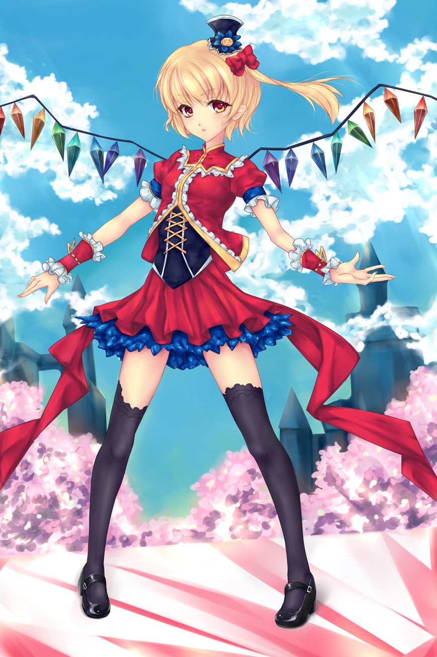 alternate_costume black_legwear blonde_hair blush dress flandre_scarlet flower fred0092 hat highres looking_at_viewer mary_janes red_eyes shoes short_hair solo thighhighs touhou wrist_cuffs