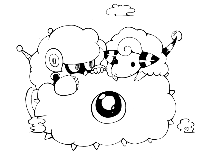 bad_pixiv_id cloud crossover gen_2_pokemon greyscale kirby_(series) kracko mareep monochrome no_humans pokemon pokemon_(creature) rockman rockman_(classic) rockman_10 sheep sheepman yukiwari