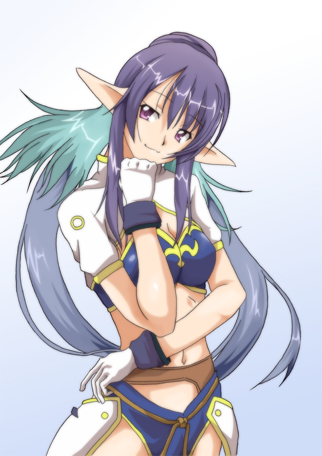 :3 blue_hair gloves judith long_hair midriff pointy_ears purple_eyes smile tales_of_(series) tales_of_vesperia the_game white_gloves