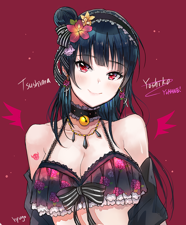 1girl artist_name bangs bell bell_choker bikini black_bikini black_choker black_hair black_hairband black_neckwear black_ribbon blush breasts character_name choker cleavage clothes_down collarbone drawn_wings earrings floral_print flower flower_earrings frilled_choker frills hair_flower hair_ornament hair_ribbon hairband hyugo jewelry jingle_bell lolita_hairband looking_at_viewer love_live! love_live!_sunshine!! medium_breasts neck_ribbon necklace print_bikini purple_flower red_background red_eyes red_flower ribbon shoulder_tattoo side_bun simple_background smile solo striped striped_neckwear striped_ribbon swimsuit tattoo tsushima_yoshiko underwear upper_body yellow_flower