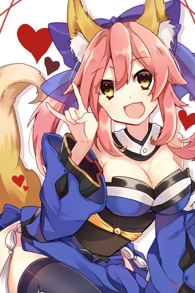 :d animal_ears bad_id bad_pixiv_id bare_shoulders black_legwear bow breasts choker cleavage detached_sleeves fang fate/extra fate_(series) fox_ears fox_tail hair_bow heart japanese_clothes large_breasts long_sleeves looking_at_viewer open_mouth pink_hair sash simple_background smile solo sxupxdxxy tail tamamo_(fate)_(all) tamamo_no_mae_(fate) thighhighs white_background
