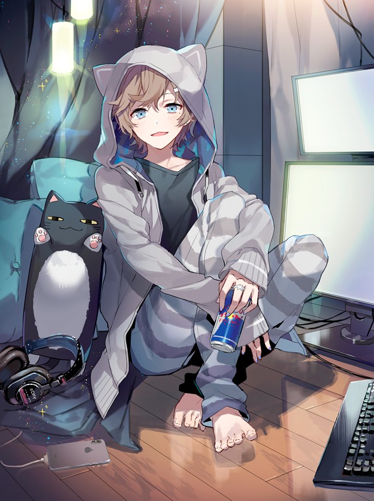 1boy :d animal_hood barefoot black_shirt blue_eyes blue_nails brown_hair can cat_hood cellphone commentary_request eihi energy_drink fingernails grey_pants hair_ornament hairclip headphones holding hood hood_up hooded_jacket indoors iphone jacket jewelry kanae_(nijisanji) keyboard_(computer) lantern looking_at_viewer male_focus mole mole_under_eye monitor nail_polish night night_sky nijisanji open_clothes open_jacket open_mouth pants phone red_bull ring shirt sitting sky smartphone smile solo star_(sky) starry_sky striped striped_pants toenails