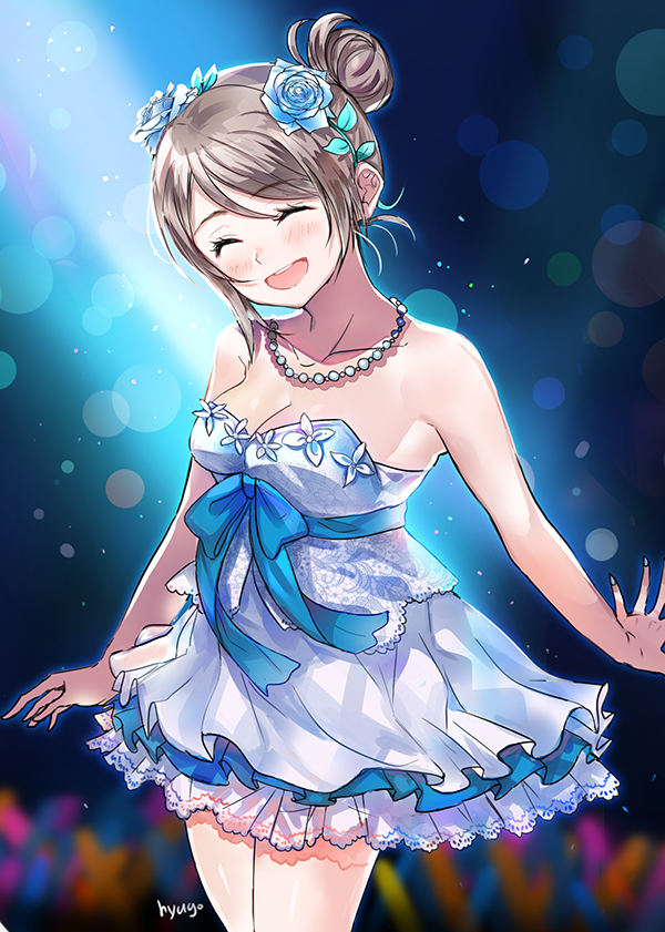 1girl ^_^ alternate_hairstyle artist_name blue_flower blue_ribbon blue_rose blurry blurry_background blush bokeh breasts cleavage closed_eyes collarbone cowboy_shot depth_of_field dress eyes_closed flower glowstick grey_hair hair_bun hair_flower hair_ornament hyugo jewelry love_live! love_live!_sunshine!! medium_breasts necklace open_mouth ribbon rose smile solo strapless strapless_dress thank_you_friends!! watanabe_you white_dress