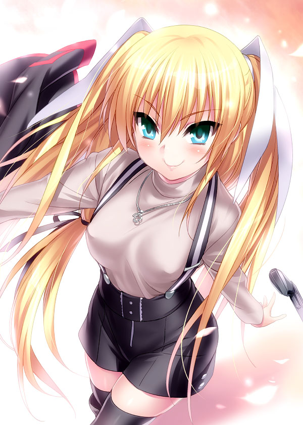 &gt;:) blonde_hair green_eyes gun hair_ribbon jewelry little_busters! long_hair necklace ribbon smile solo suspenders thighhighs tokido_saya turtleneck twintails two_side_up v-shaped_eyebrows weapon zen zettai_ryouiki